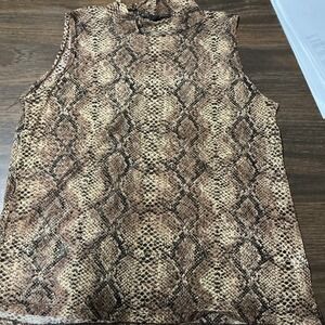 Snakeskin Print Sleeveless Blouse Brown Size L Elite Collection Sheer